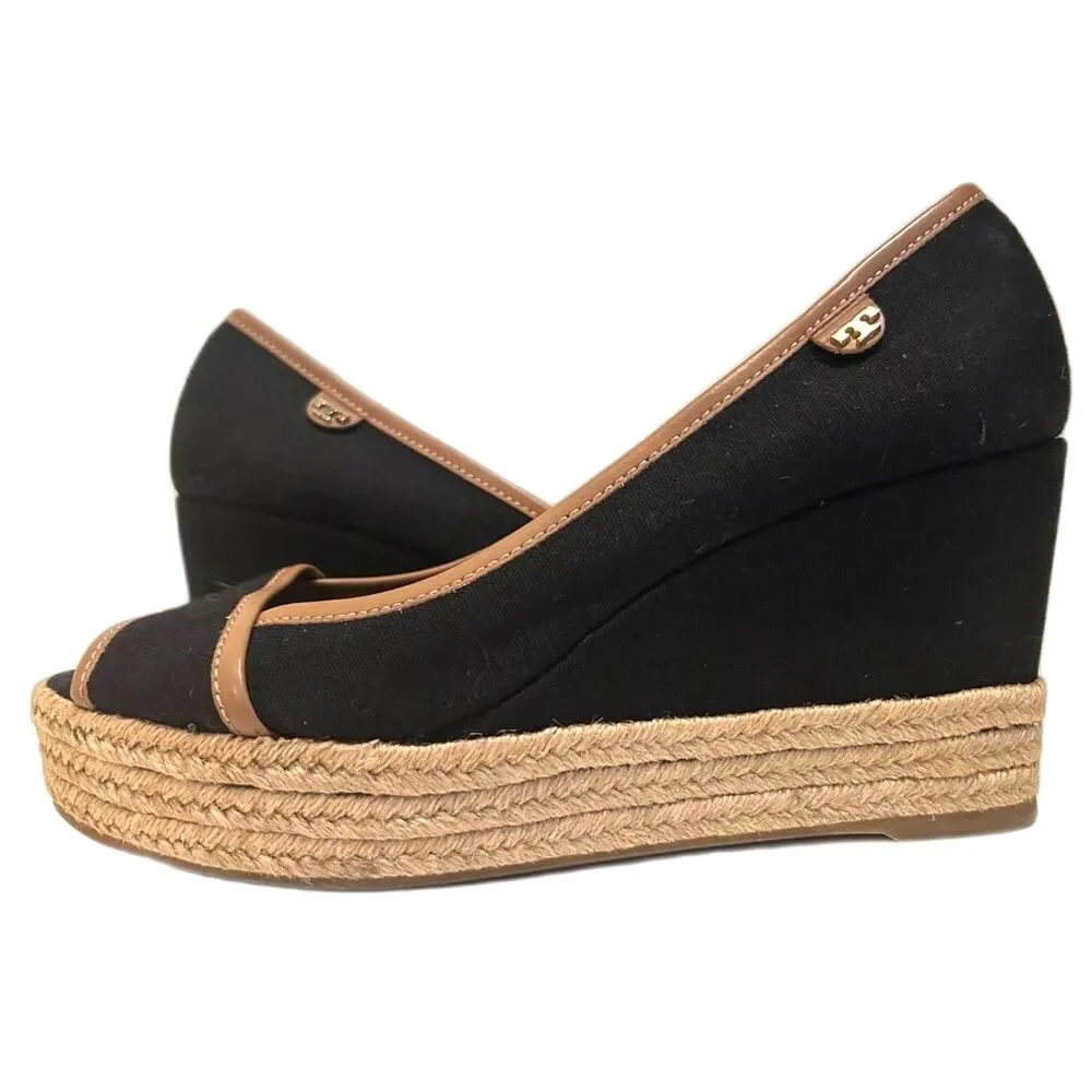 Tory Burch Majorca Peep-Toe Black Canvas Wedge - Sze 39/US 8